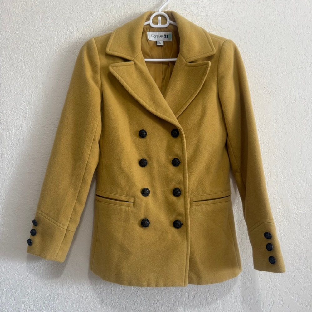 Forever 21 Mustard Yellow Double Breasted Wool Blend Peacoat Jacket Womens S